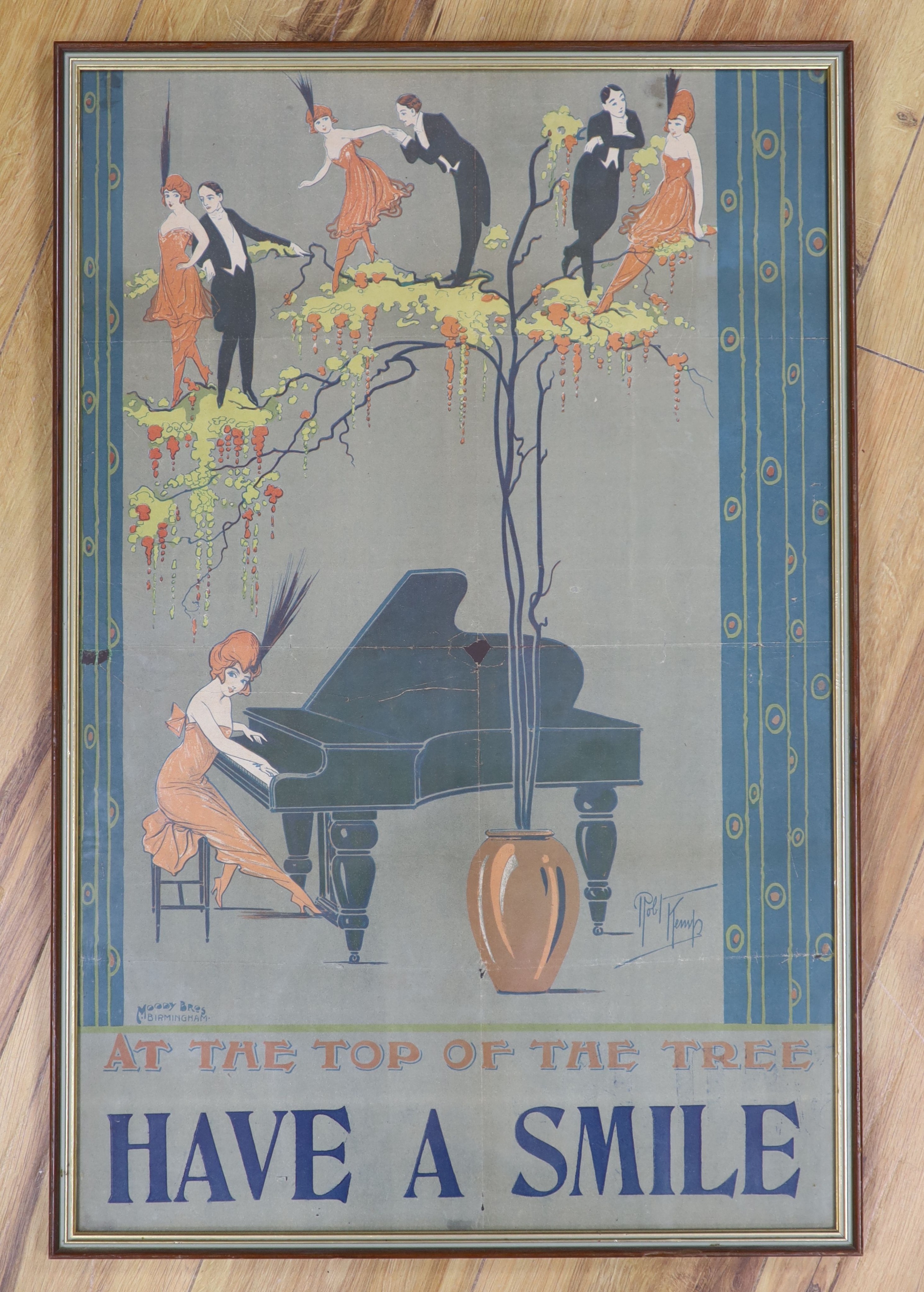 A 1920’s lithograph poster ‘At the Top of the Tree Have a Smile’ by Robert Kemp, write 70.5 x 65.5 cm
